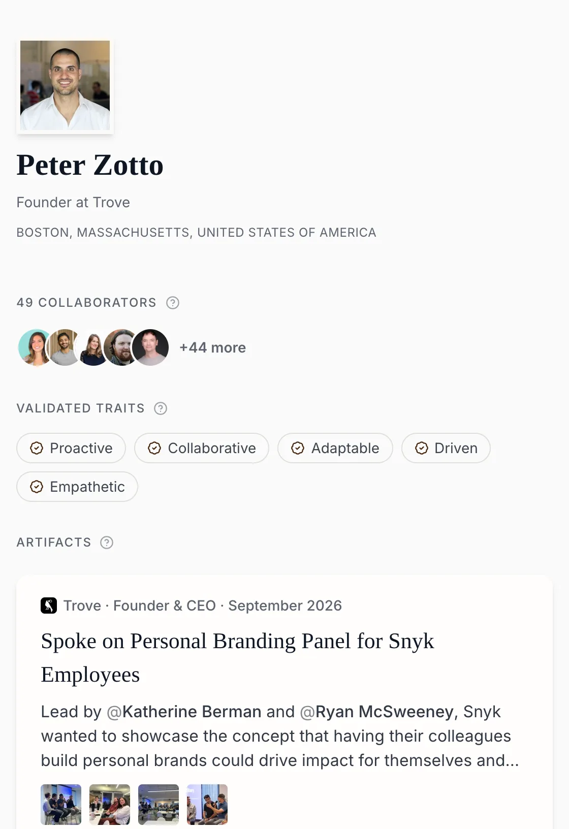 Peter Zotto's Trove profile: validated traits, artifacts backed by named colleagues, and testimonials.